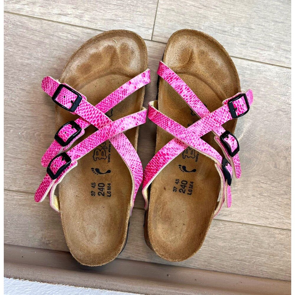 Birk Pink Strappy Buckle Sandals Adjustable Straps Animal Print EU 37 US 6
